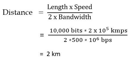 Determine the maximum length of the cable (in km) for transmitting data at a rate of 500 Mbps in an Ethernet LAN with frames of size 10,000 bits. Assume the signal speed in the cable to be 2,00,000 km/s.
