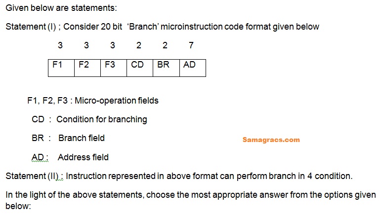 Given below are statements:
Statement (I) ; Consider 20 bit  ‘Branch’ microinstruction code format given below
		3	3	3	2	2	7	
F1	F2	F3	CD	BR	AD

         F1, F2, F3 : Micro-operation fields
	CD  :  Condition for branching
	BR  :   Branch field	
	AD :  	Address field
Statement (II) : Instruction represented in above format can perform branch in 4 condition.
In the light of the above statements, choose the most appropriate answer from the options given below:
