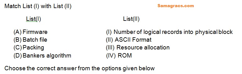 (A)	Firmware                                   (I) Number of logical records into physical block
(B)	Batch file                                   (II) ASCII Format
(C)	Packing                                     (III) Resource allocation 
(D)	Bankers algorithm                     (IV) ROM

