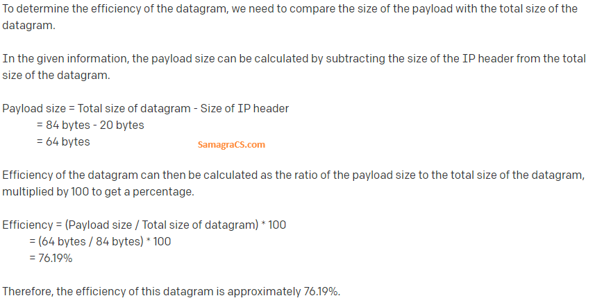  IP datagram has arrived with following partial information in the header (in hexadecimal)
 45000054 00030000 2006.....
What is the efficiency of this datagram?